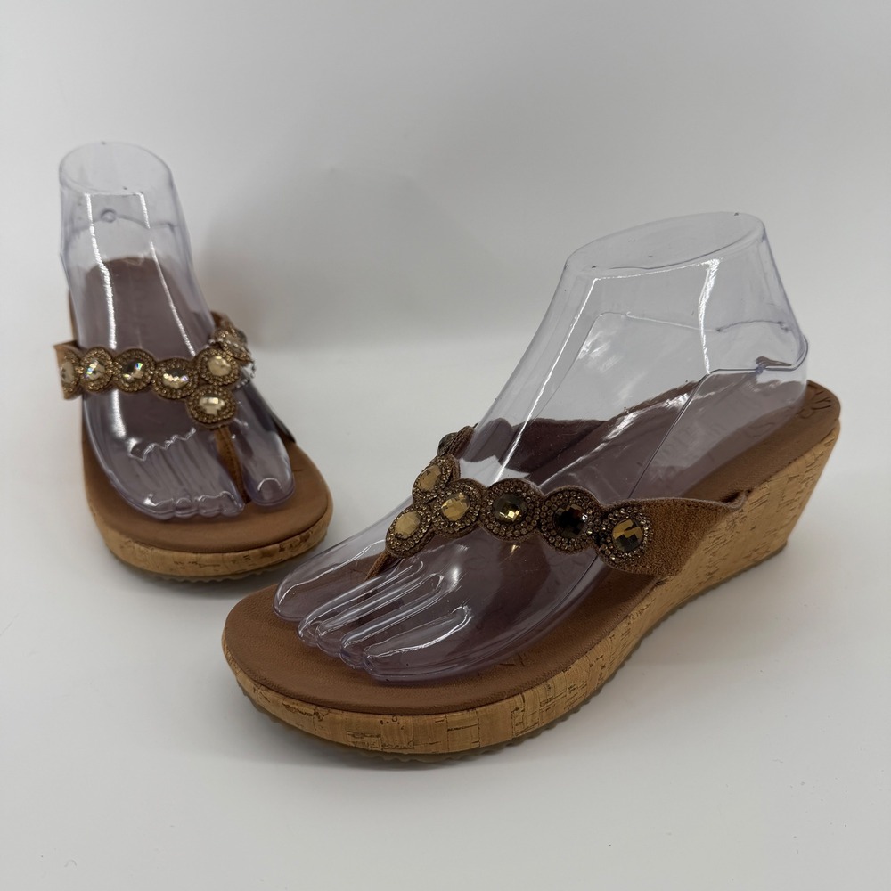 Skechers Luxe Foam Tan Rhinestone Cork Wedge Sandals 31724 Womens 8.5